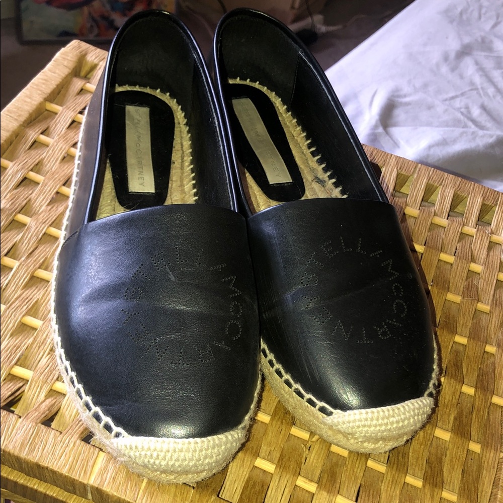 Stella McCartney Black Leather Espadrille Flats with Natural Jute Trim
